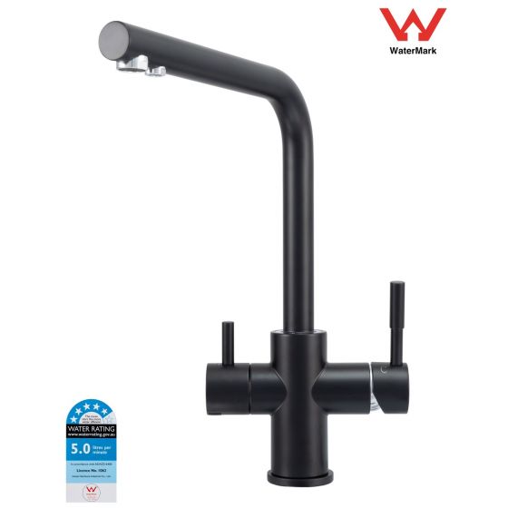 Matte Black Modern L-Shaped 3 Way Drinking Water Kitchen Faucet Mixer Tap | 5-Star Efficient Water Rating | Watermark Certified | Filter Systems Australia