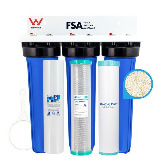Triple Whole House Hard Water, Heavy Metal & Chlorine Reduction Filter System | 20" x 4.5" Big Blue | Watermark (GT1-108-OSP)