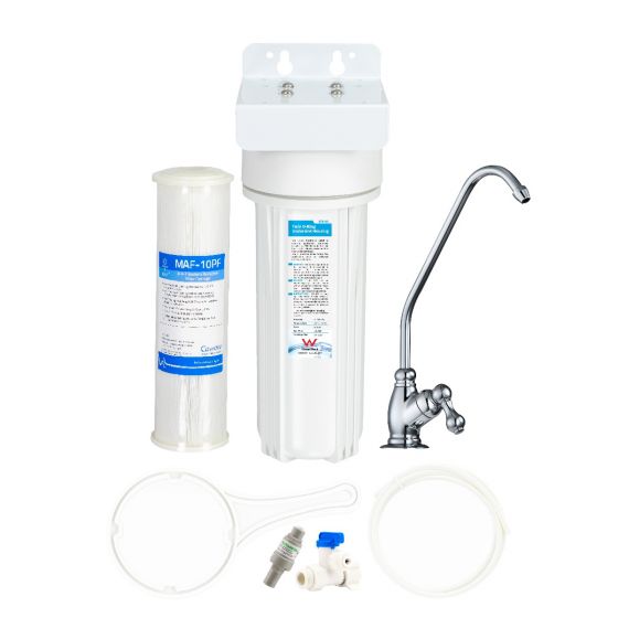 Single Undersink 0.1 Micron Sediment, Carbon + Bacteria Reduction Water Filter System with Faucet Kit (GT1-15MAF)