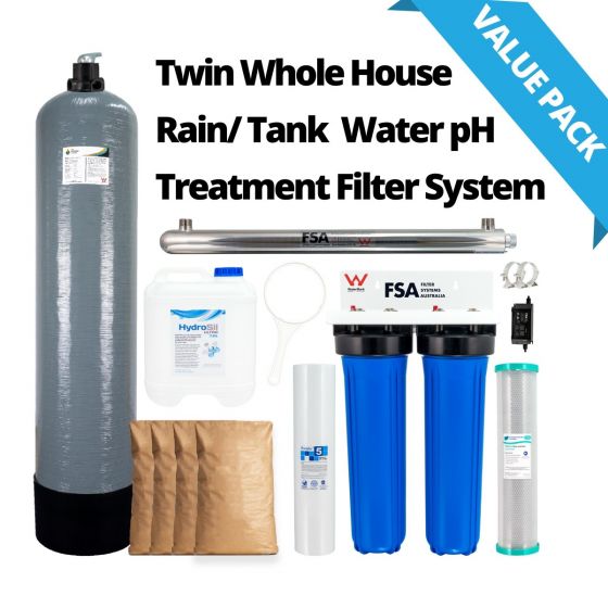 Twin Whole House Rain/Tank Water + pH Treatment Filter System | Ultraviolet Sanitation to Kill Bacteria, Parasites & Viruses + pH Neutralising to Control Copper Pipe Corrosion (GT1-18-TWIN-KIT)