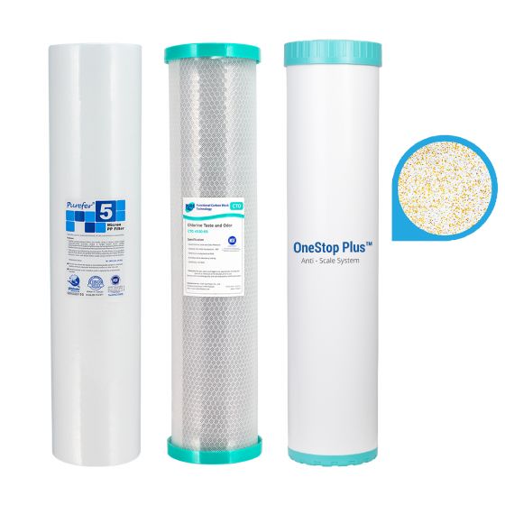 Sediment + Coconut Carbon + Hard Water Scale/Heavy Metal Conditioning | Triple 20" x 4.5" Big Blue Whole House Water Filter Cartridge Replacement Pack (Suits GT1-108-OSP)
